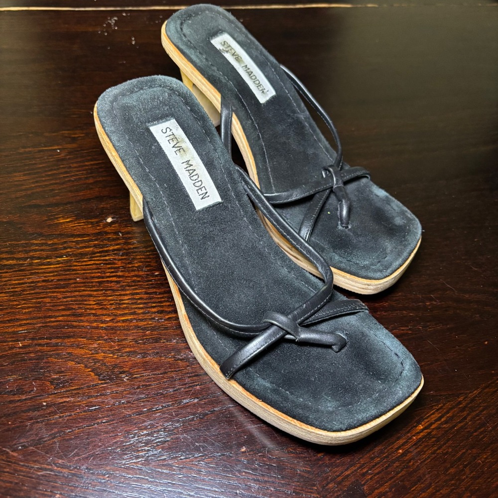 Steve Madden Y2K Black Leather Suede Wood Block Heel Sandals Women 7 B Beachy